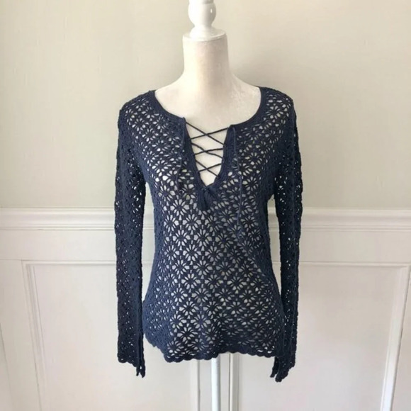 Navy Crochet Lace Up Long Sleeve Top S - Picture 1 of 4